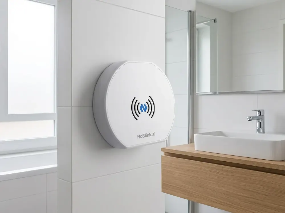 NoBlink bathroom sensor mounted high on a tiled bathroom wall