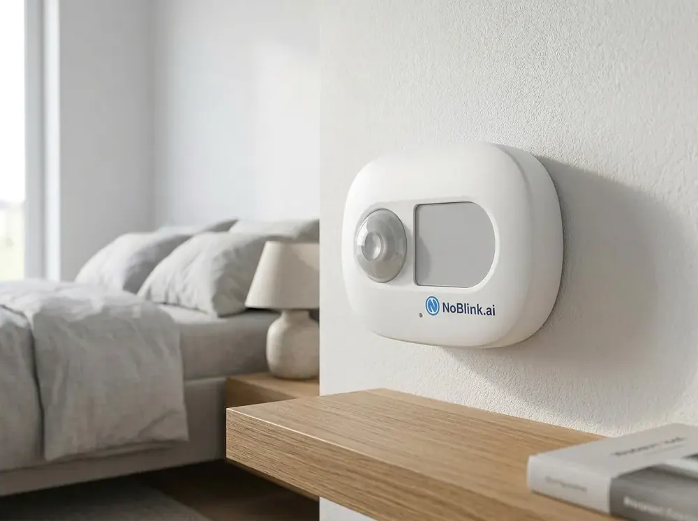 NoBlink room sensor on the wall beside a bed