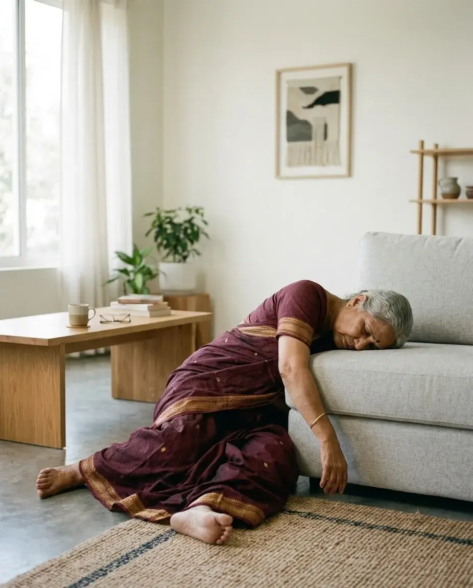 Older woman on the floor beside her sofa