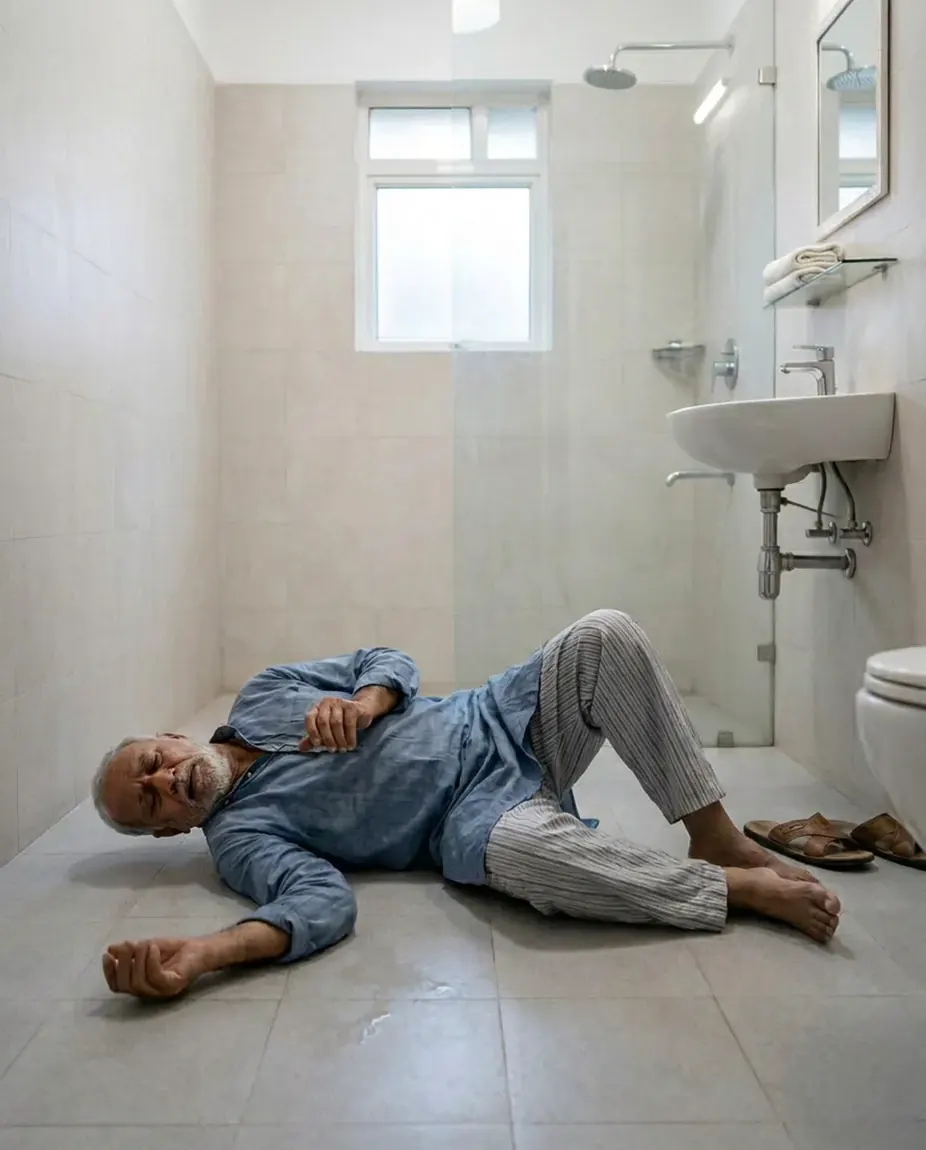 Older man on a bathroom floor after a fall