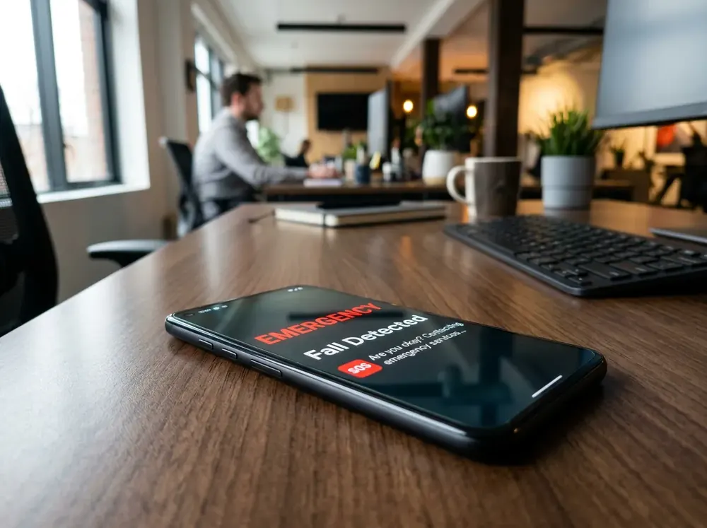 Phone on a desk showing a NoBlink fall alert