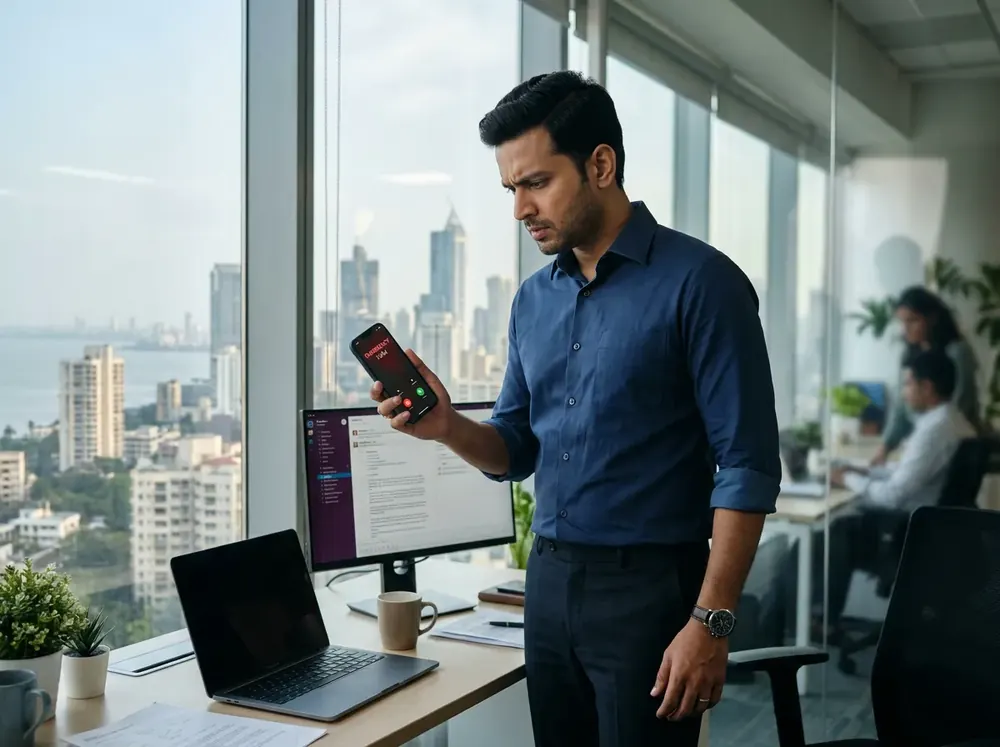 Son taking a call about his parents while at work